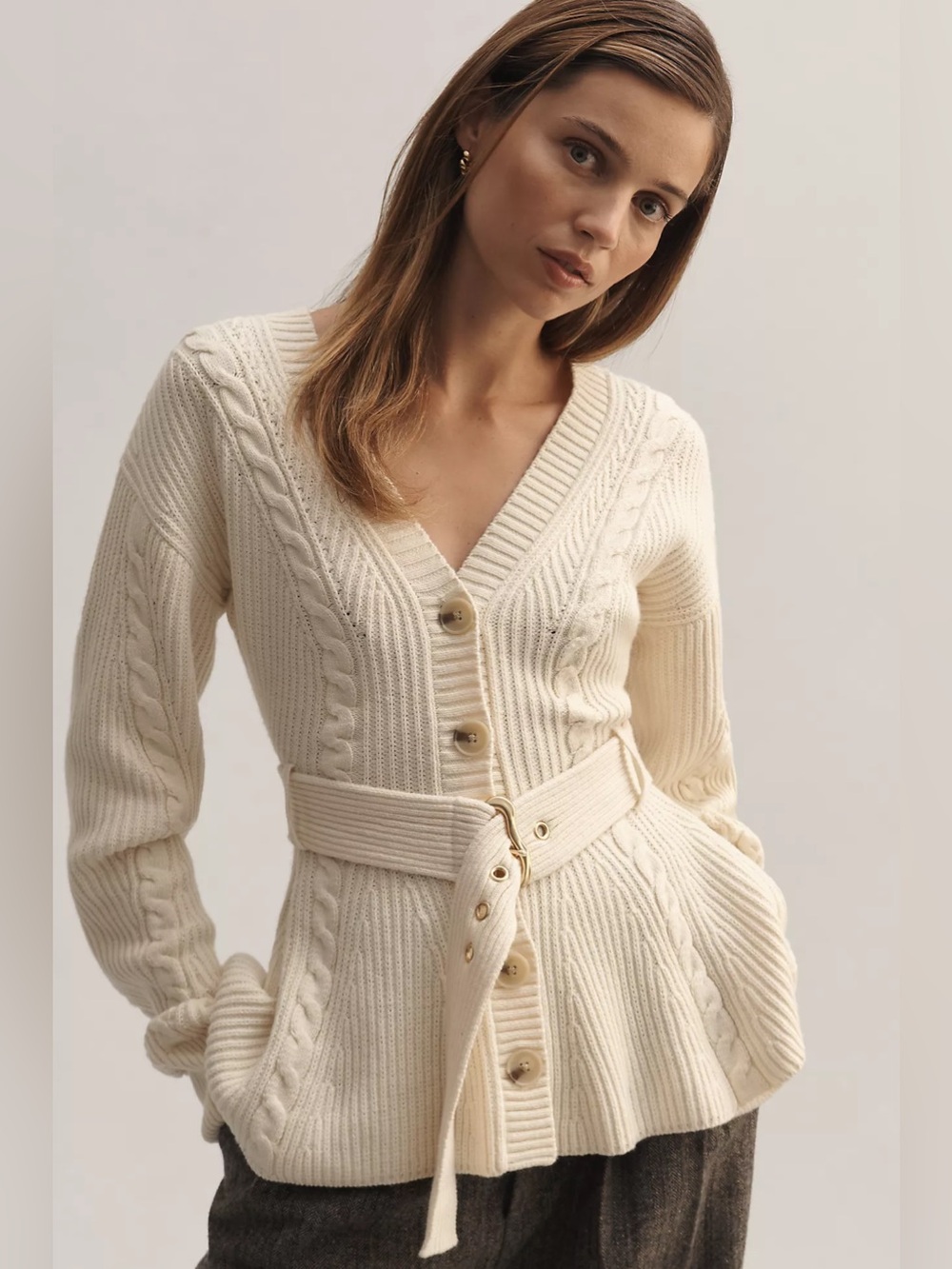 MAEVE Women's Belted Cable Knit Cardigan Sweater - Cream, Large